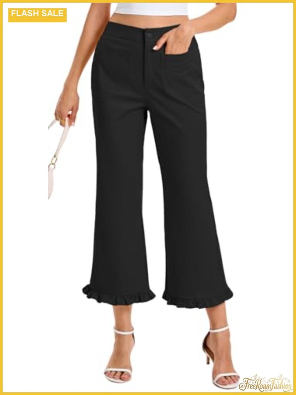Womens Ruffle Hem Capris High Waisted Wide Leg Cropped Flare Pants Pockets